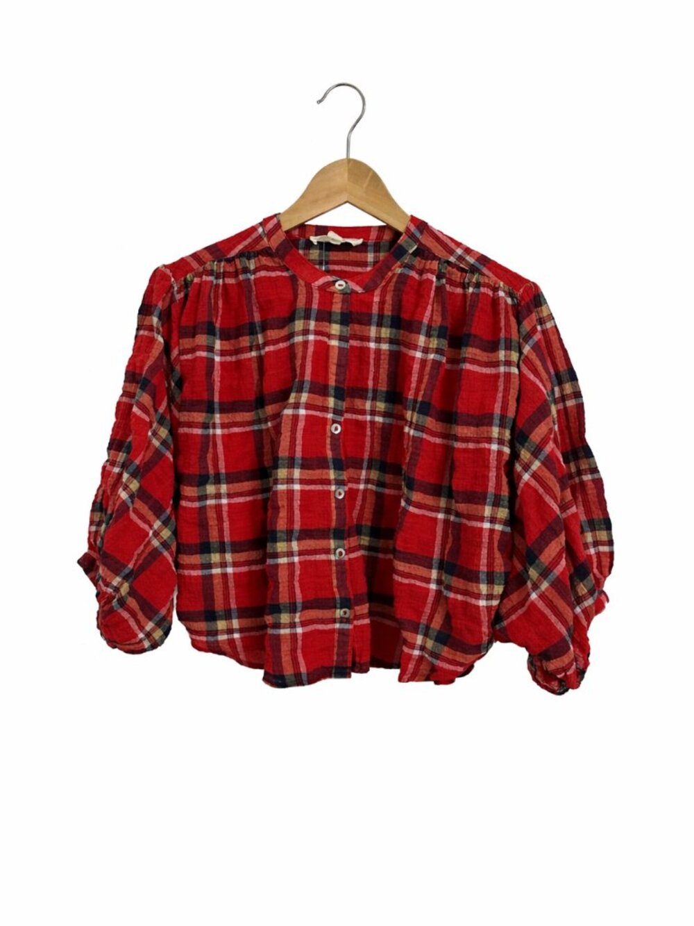 LoveStitch Plaid Blouse S/M Cropped Balloon Sleeve Boho Top Red Like New